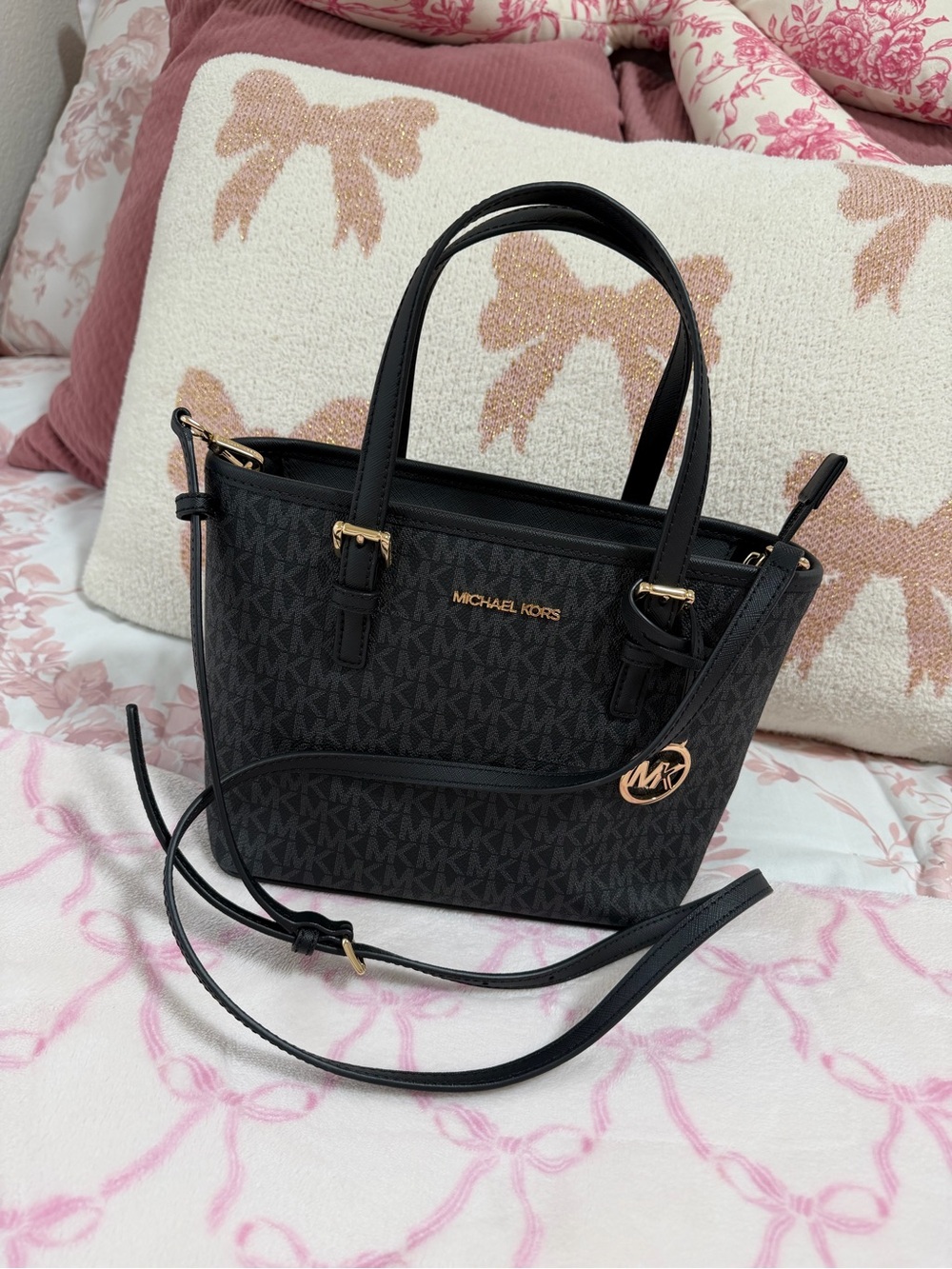 Michael Kors Black Monogram Small Satchel with Gold Hardware - Picture 3 of 4